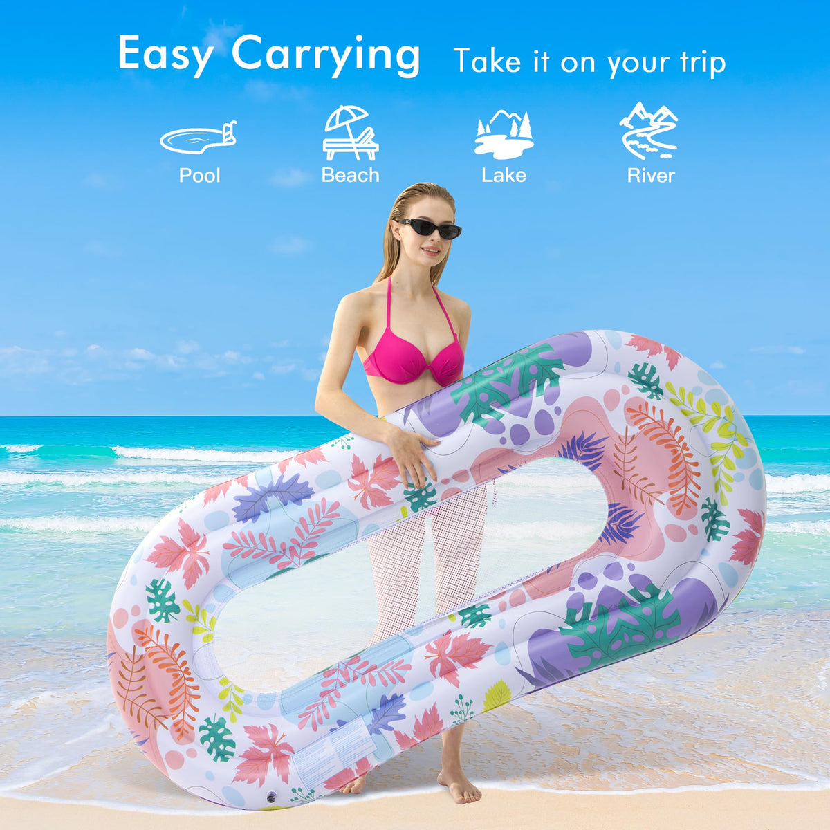 Inflatable Tanning Pool Lounger Float with Pillow & Cup Holder, 2 Pack O61479
