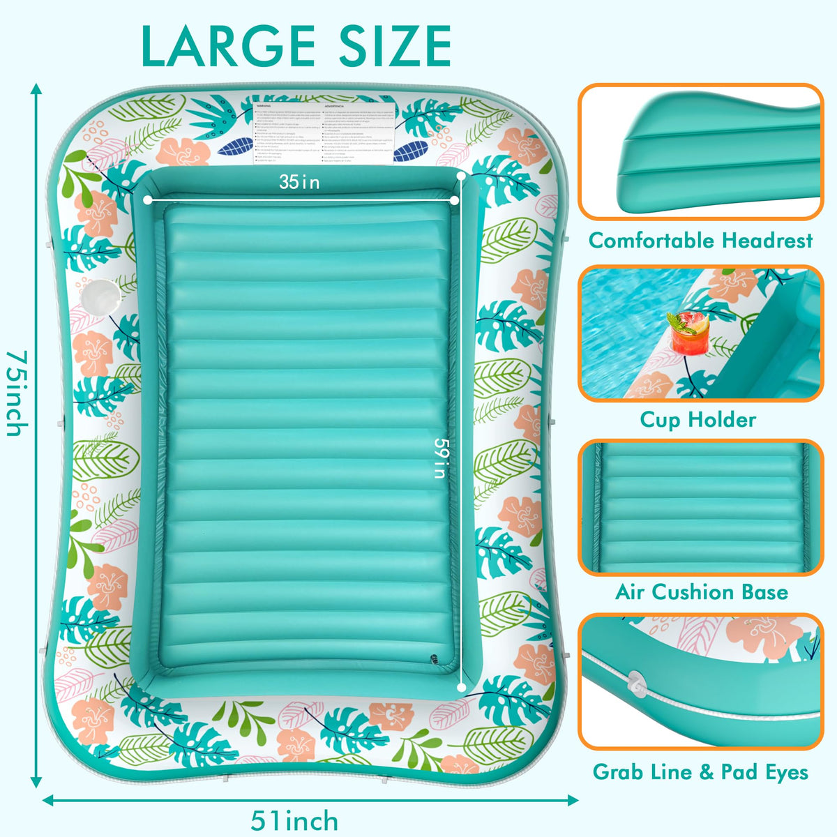 Inflatable Tanning Pool Lounger Float with Pillow & Cup Holder, 2 Pack O61479
