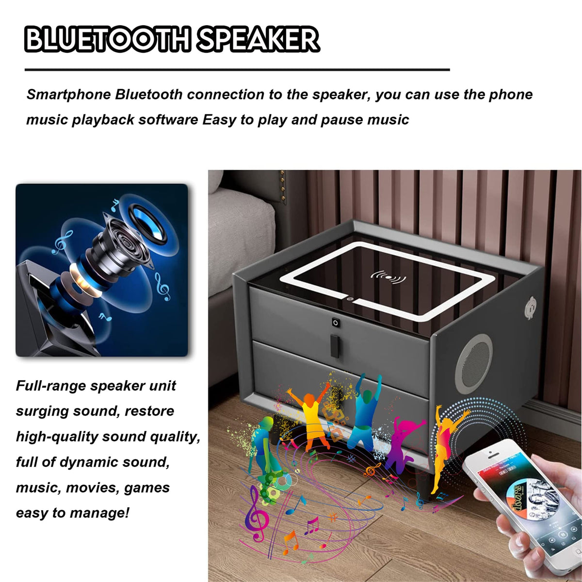 White 3 Drawer Bed End Table with Wireless Charging G86456