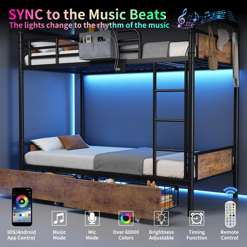 Metal LED Bunk Bed Twin Over Twin with 2 Storage Drawers V9379