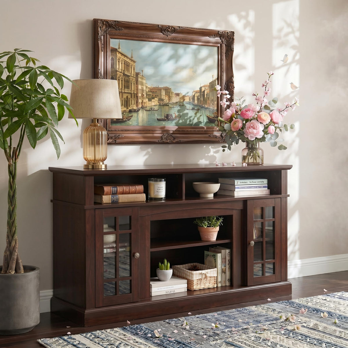 Espresso TV Stand with Glass Door and Open Shelves K399947