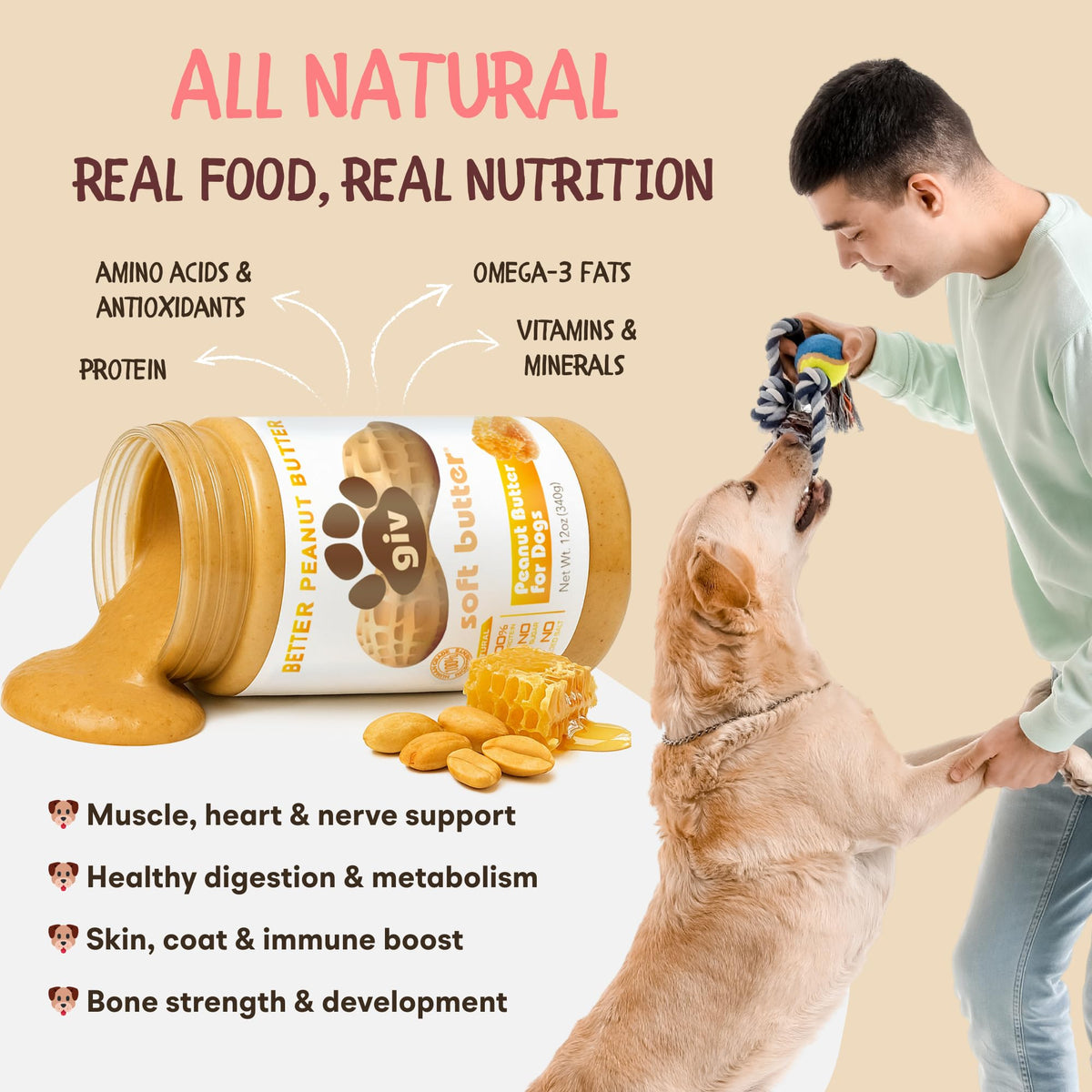All Natural Peanut Butter for Dogs, 2 Ingredients, 4oz Pouches (6 Count) S6202