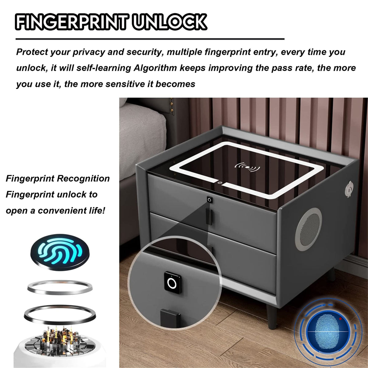 White 3 Drawer Bed End Table with Wireless Charging G86456