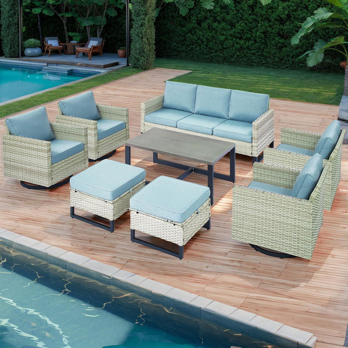 8 Piece Wicker Patio Conversation Set with Swivel Rocker Chairs C4844