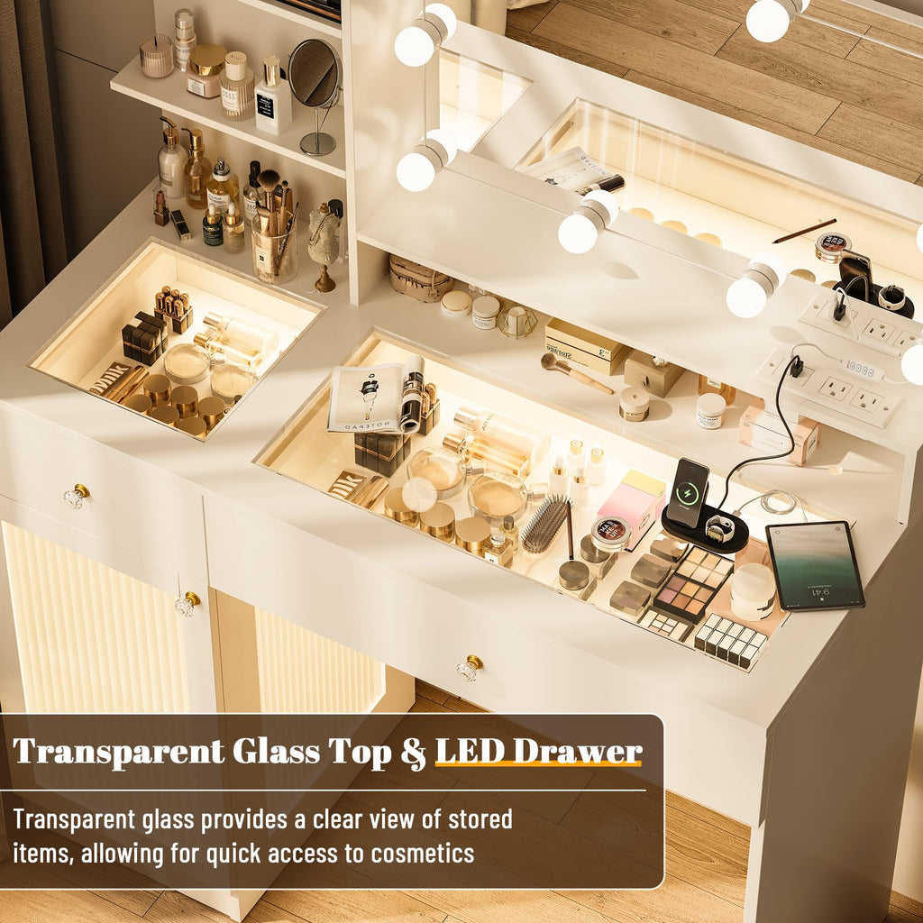 40" White Vanity Desk with Mirror and Lights V6411