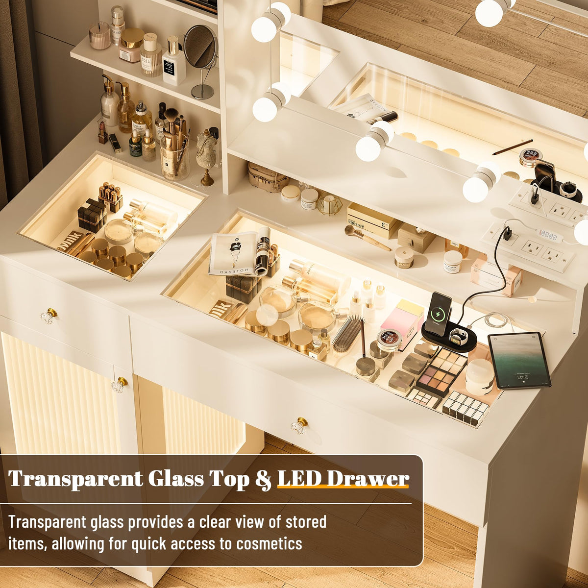 40" White Vanity Desk with Mirror and Lights V6411