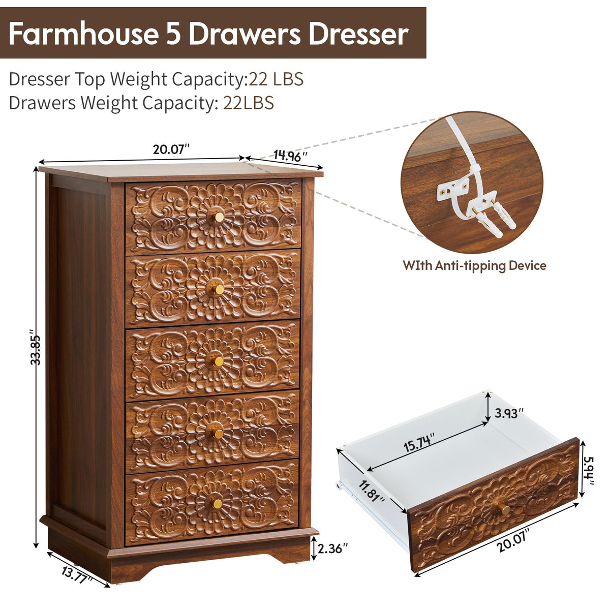 5 Drawer Narrow Wooden Dresser with Gold Handles H369719