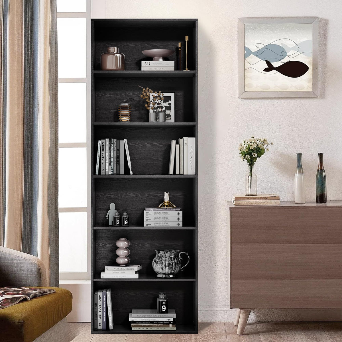71" Tall 6-Tier Black Bookshelf V428