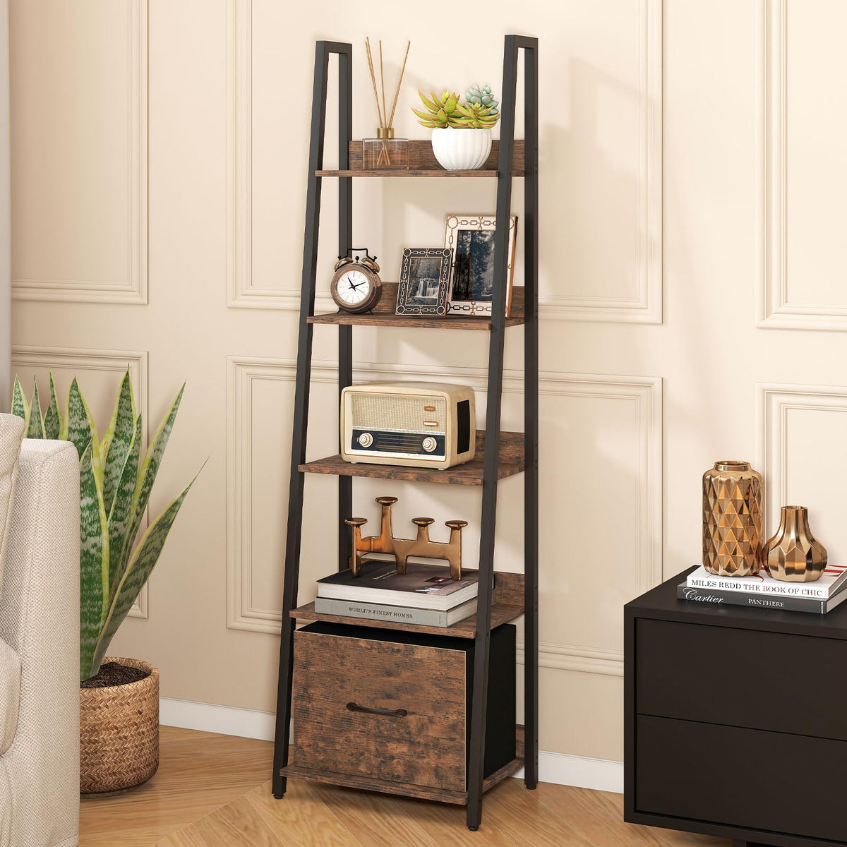 5-Tier Ladder Bookshelf with Fabric Drawer V369647