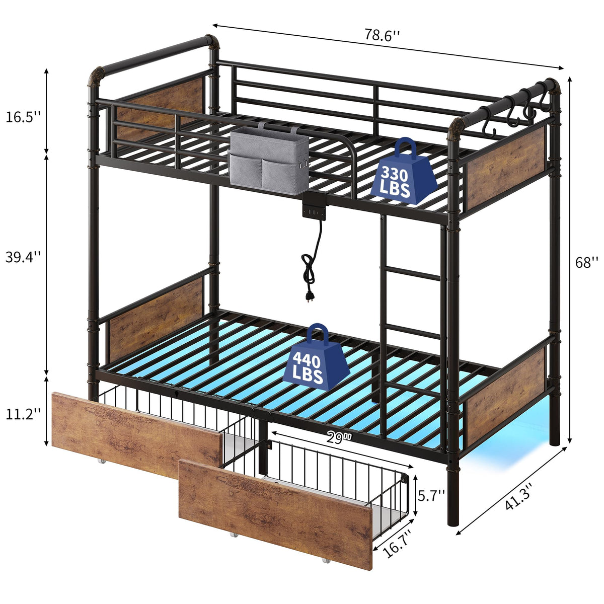 Metal LED Bunk Bed Twin Over Twin with 2 Storage Drawers V9379