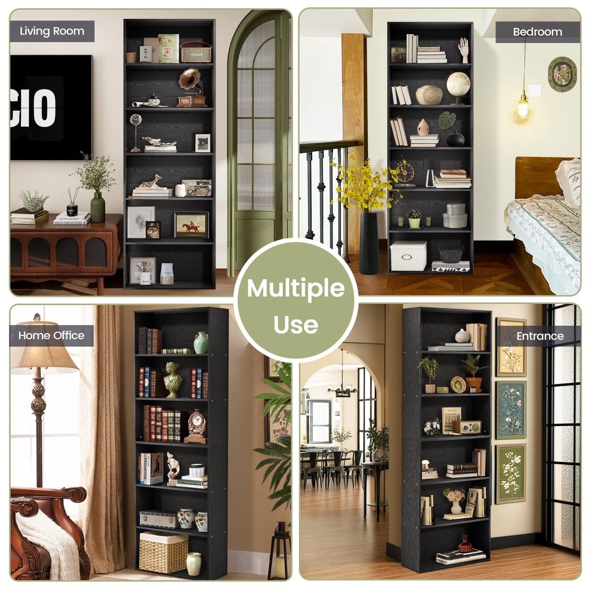 71" Tall 6-Tier Black Bookshelf V428
