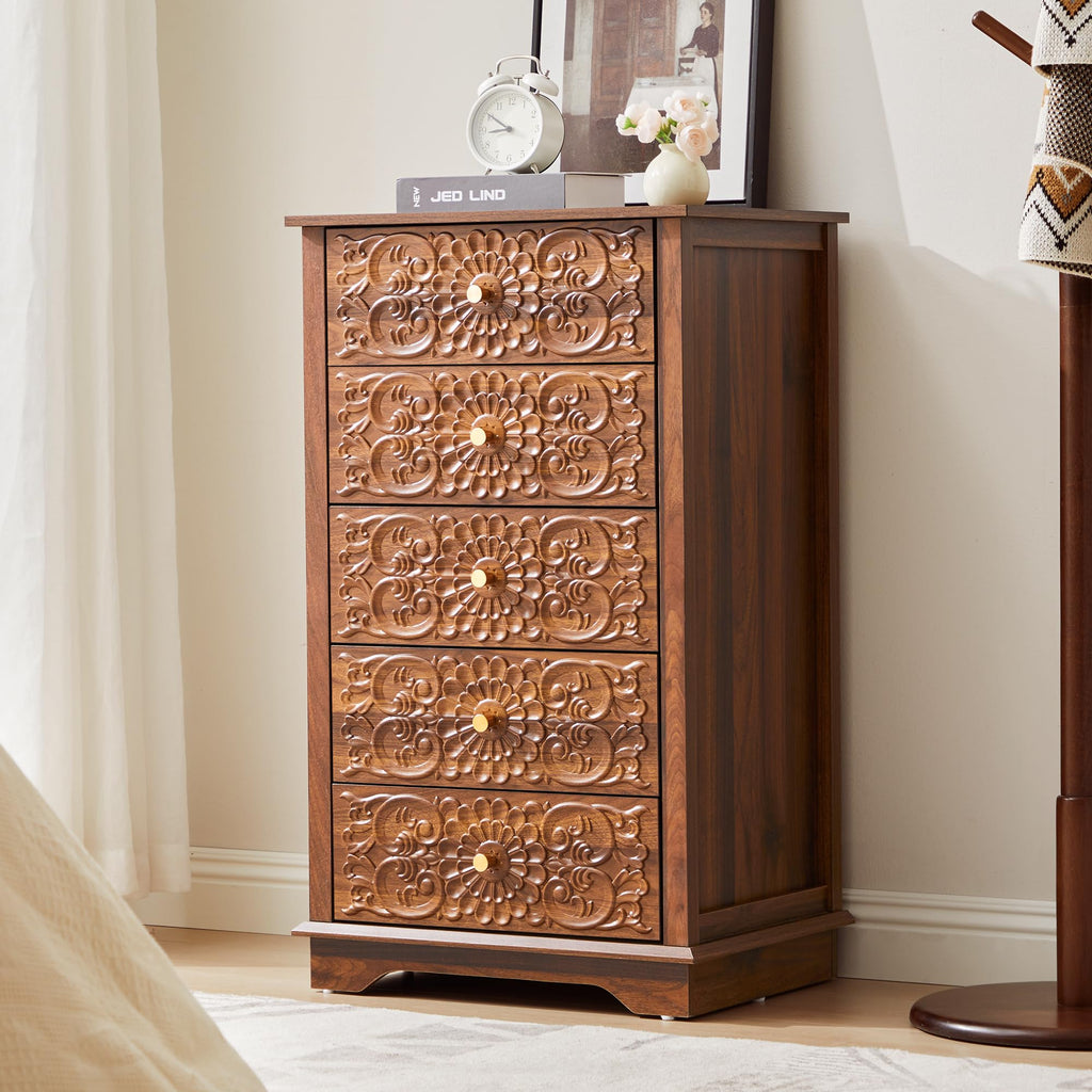 5 Drawer Narrow Wooden Dresser with Gold Handles H369719