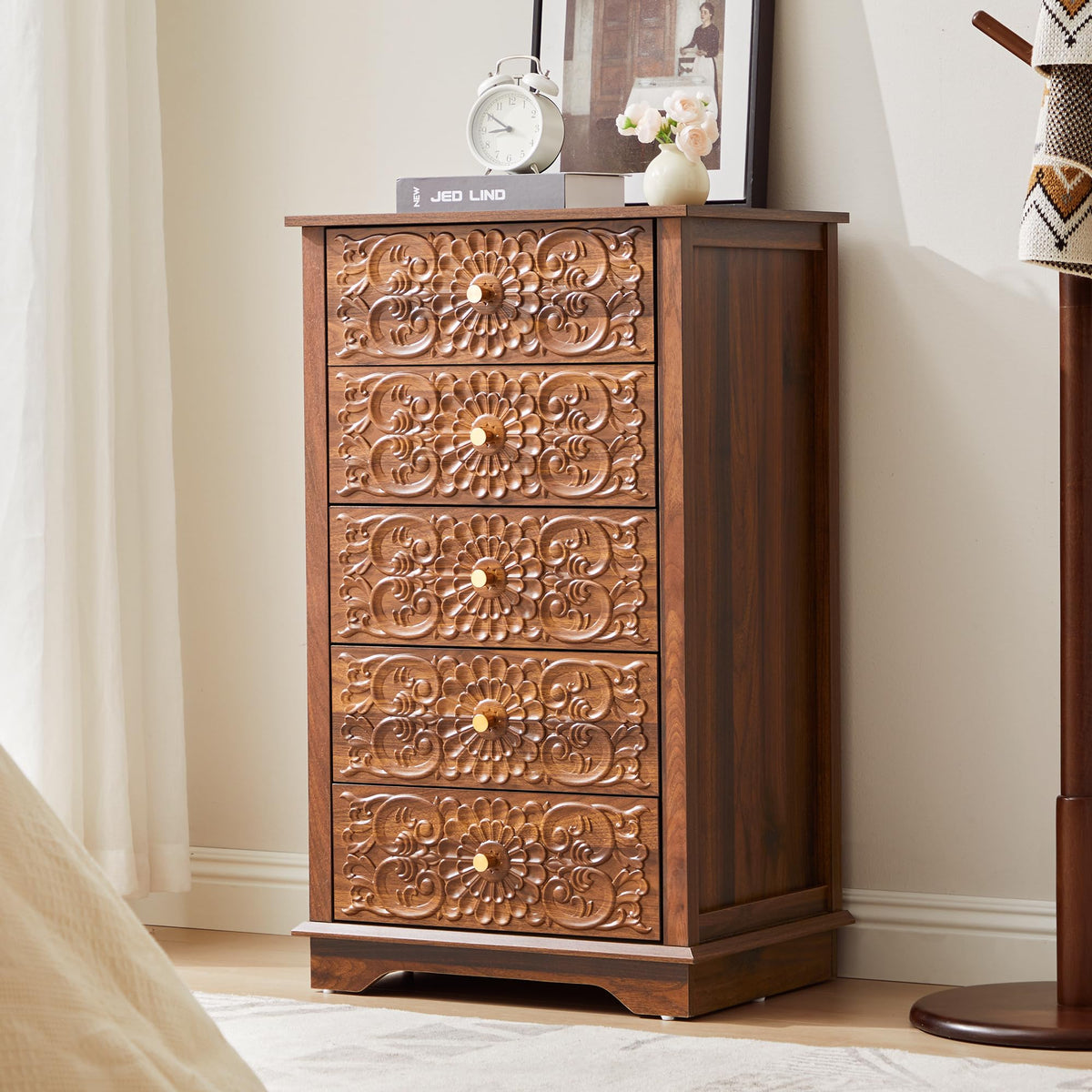 5 Drawer Narrow Wooden Dresser with Gold Handles H369719