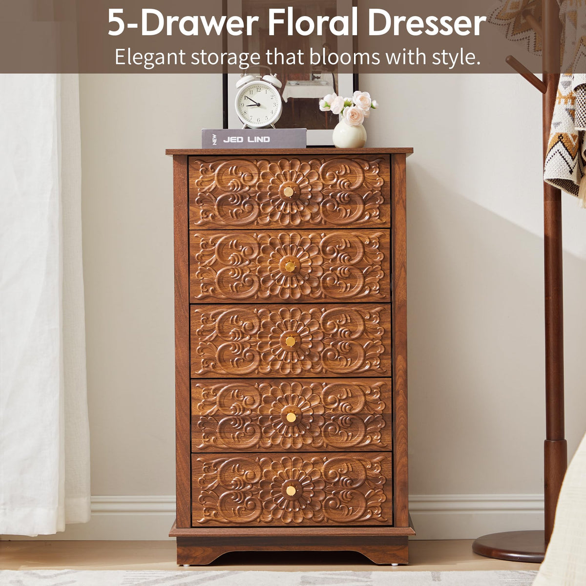 5 Drawer Narrow Wooden Dresser with Gold Handles H369719
