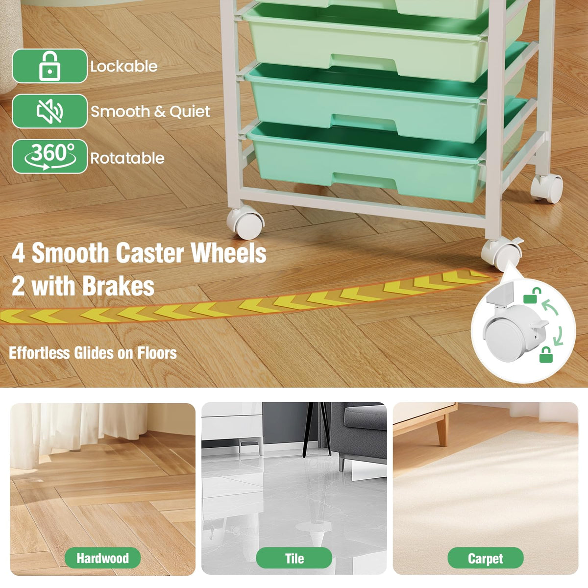 Rolling Storage Cart with 8 Drawers & Wooden Tabletop, Green, White M83885