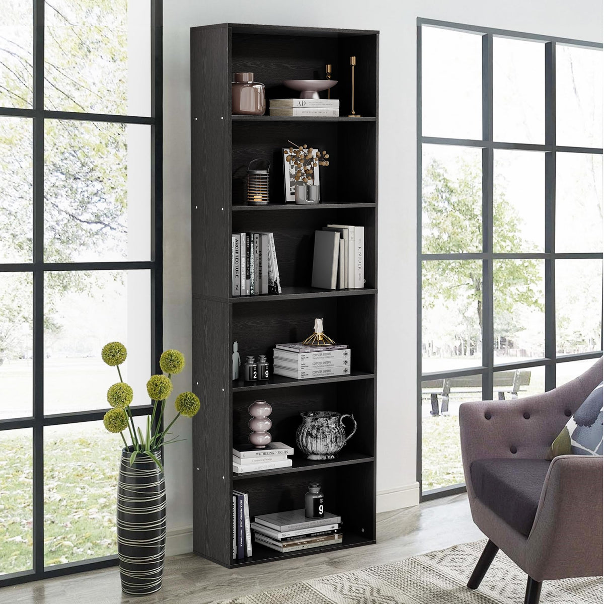 71" Tall 6-Tier Black Bookshelf V428
