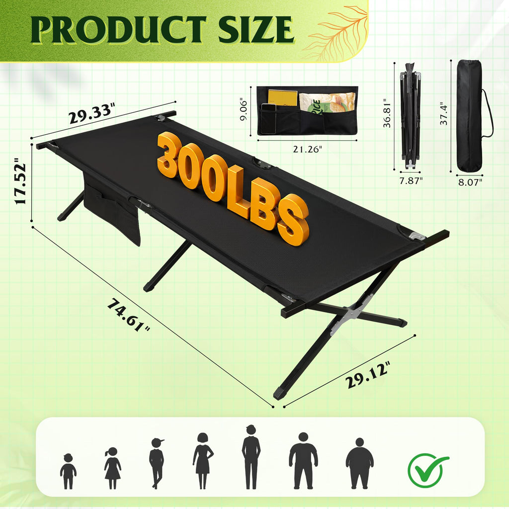 Folding Camping Cot with Carry Bag, 300 lb, Black Y9796