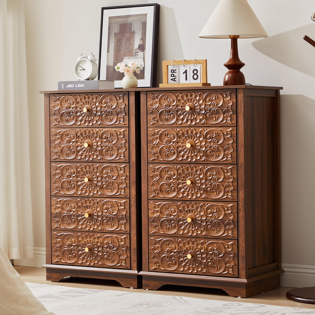 5 Drawer Narrow Wooden Dresser with Gold Handles H369719