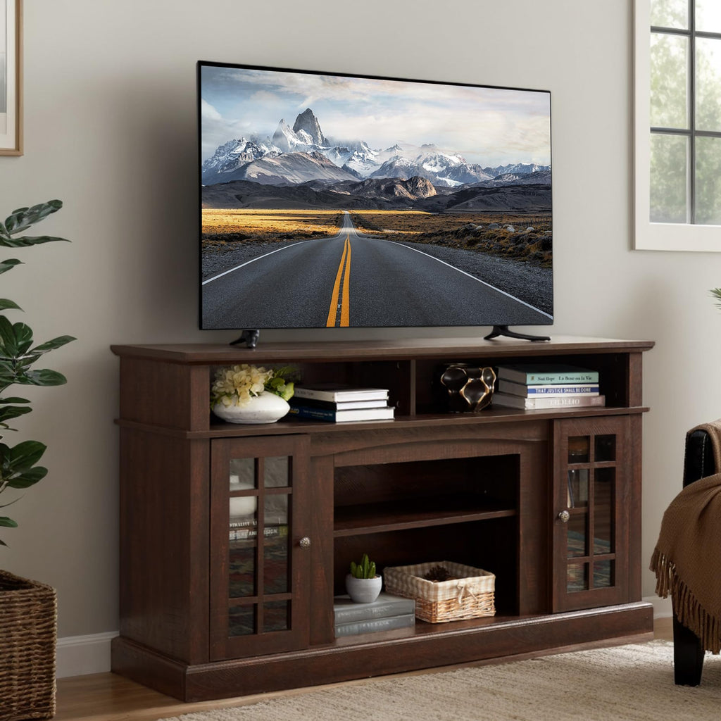 Espresso TV Stand with Glass Door and Open Shelves K399947