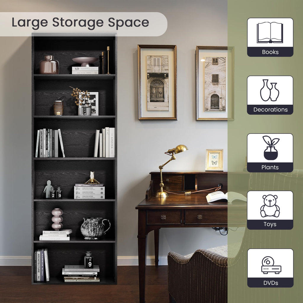 71" Tall 6-Tier Black Bookshelf V428