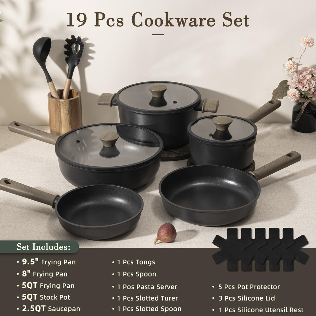 19 Pcs Non Stick Black Titanium Cookware Set S3636