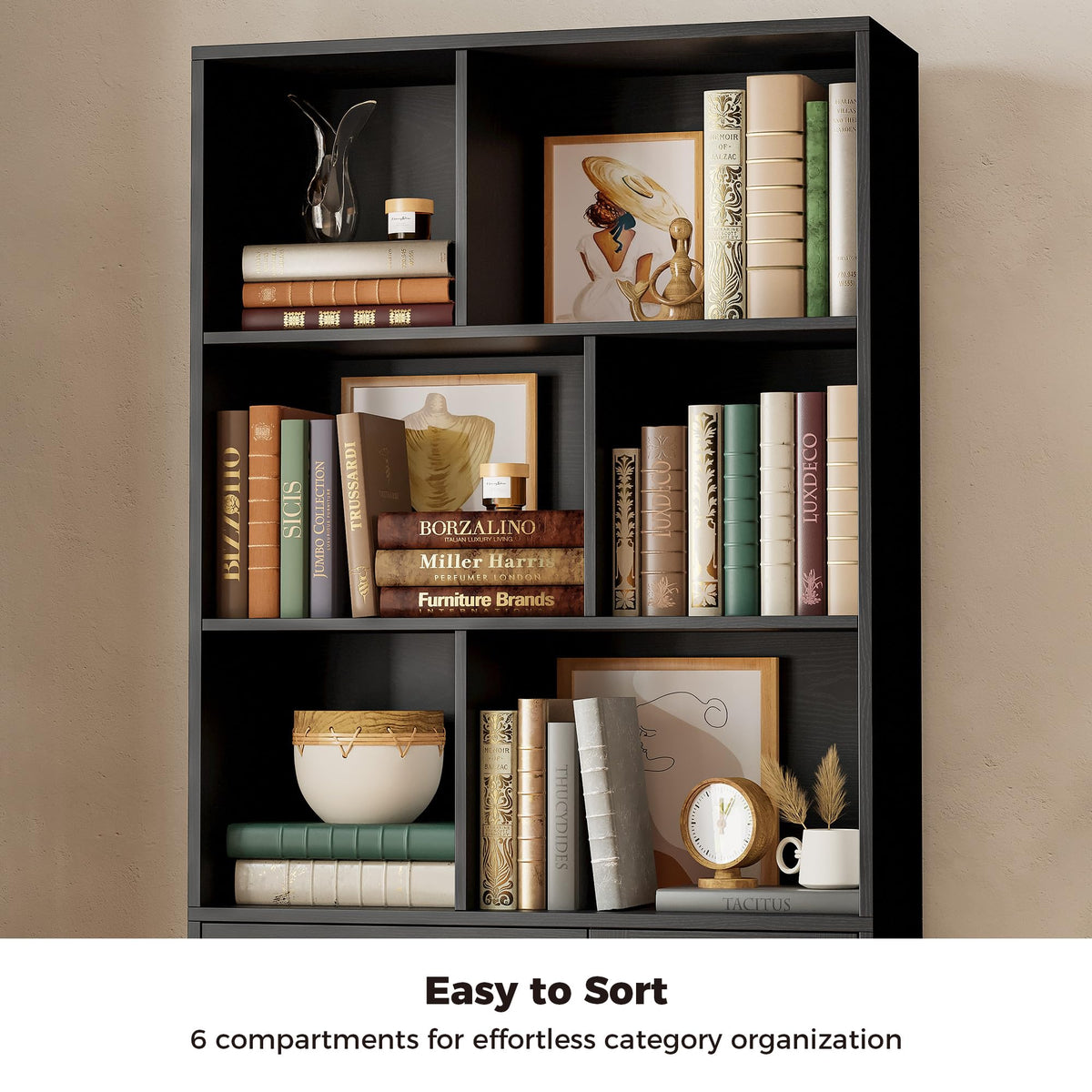 70.9-Inch Black Bookcase with Doors and 3 Drawers N7823