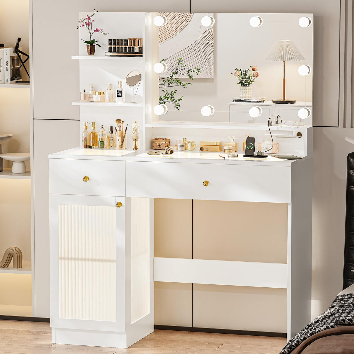 40" White Vanity Desk with Mirror and Lights V6411