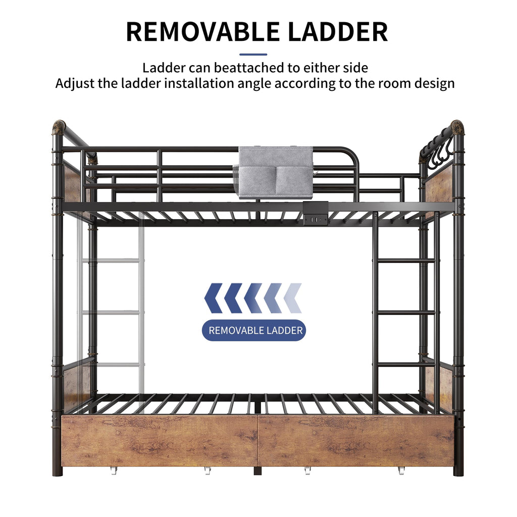 Metal LED Bunk Bed Twin Over Twin with 2 Storage Drawers V9379