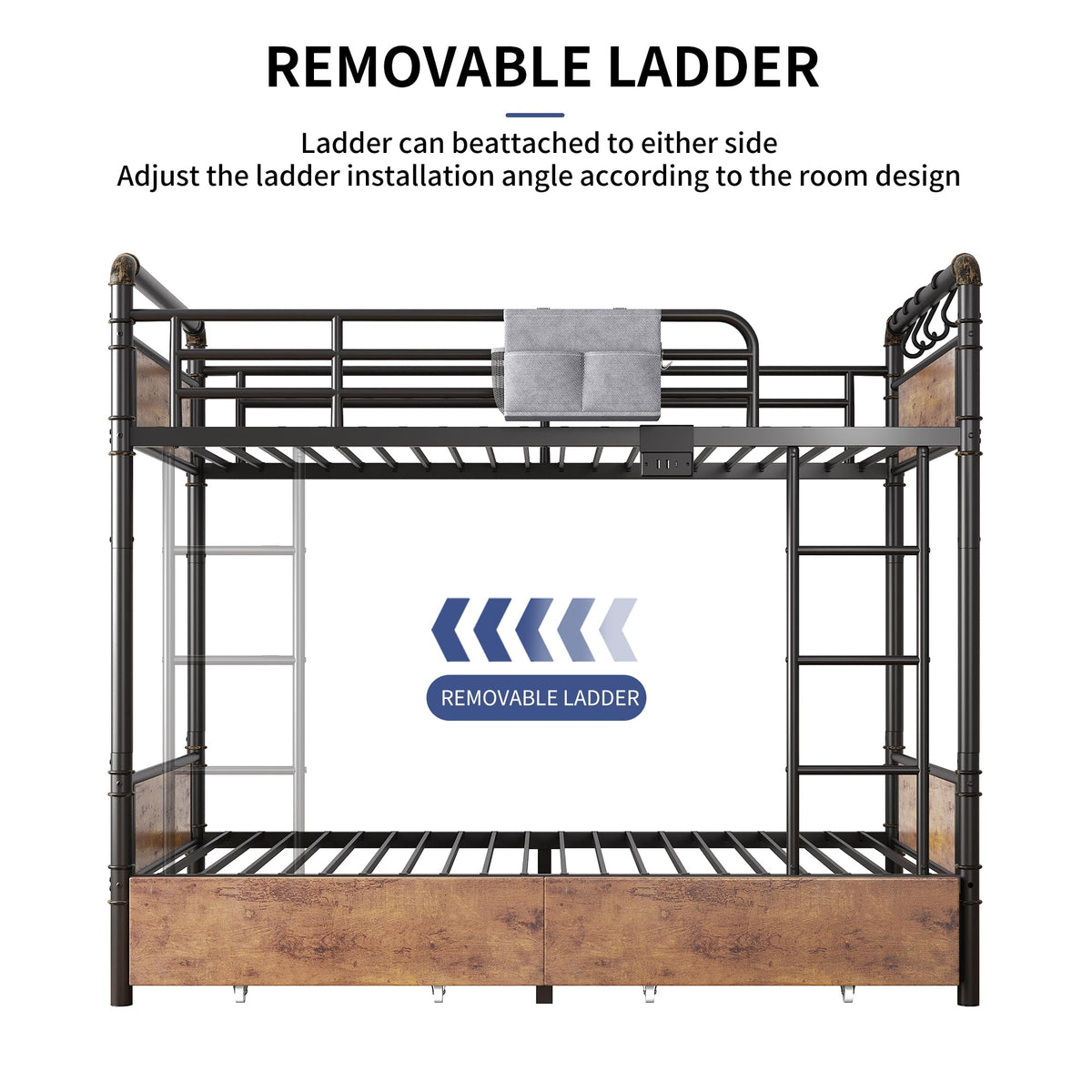 Metal LED Bunk Bed Twin Over Twin with 2 Storage Drawers V9379