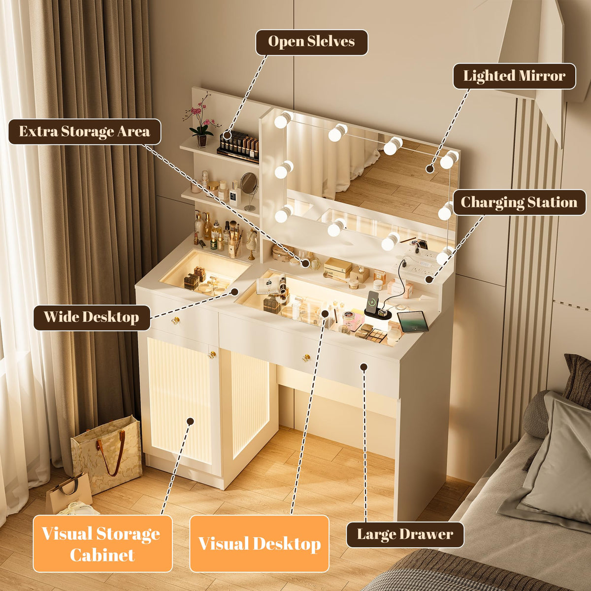 40" White Vanity Desk with Mirror and Lights V6411