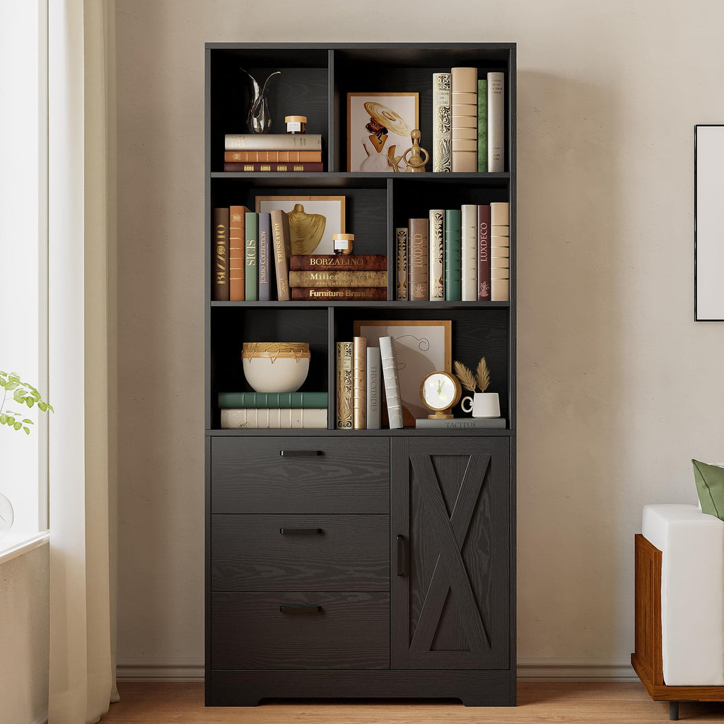 70.9-Inch Black Bookcase with Doors and 3 Drawers N7823