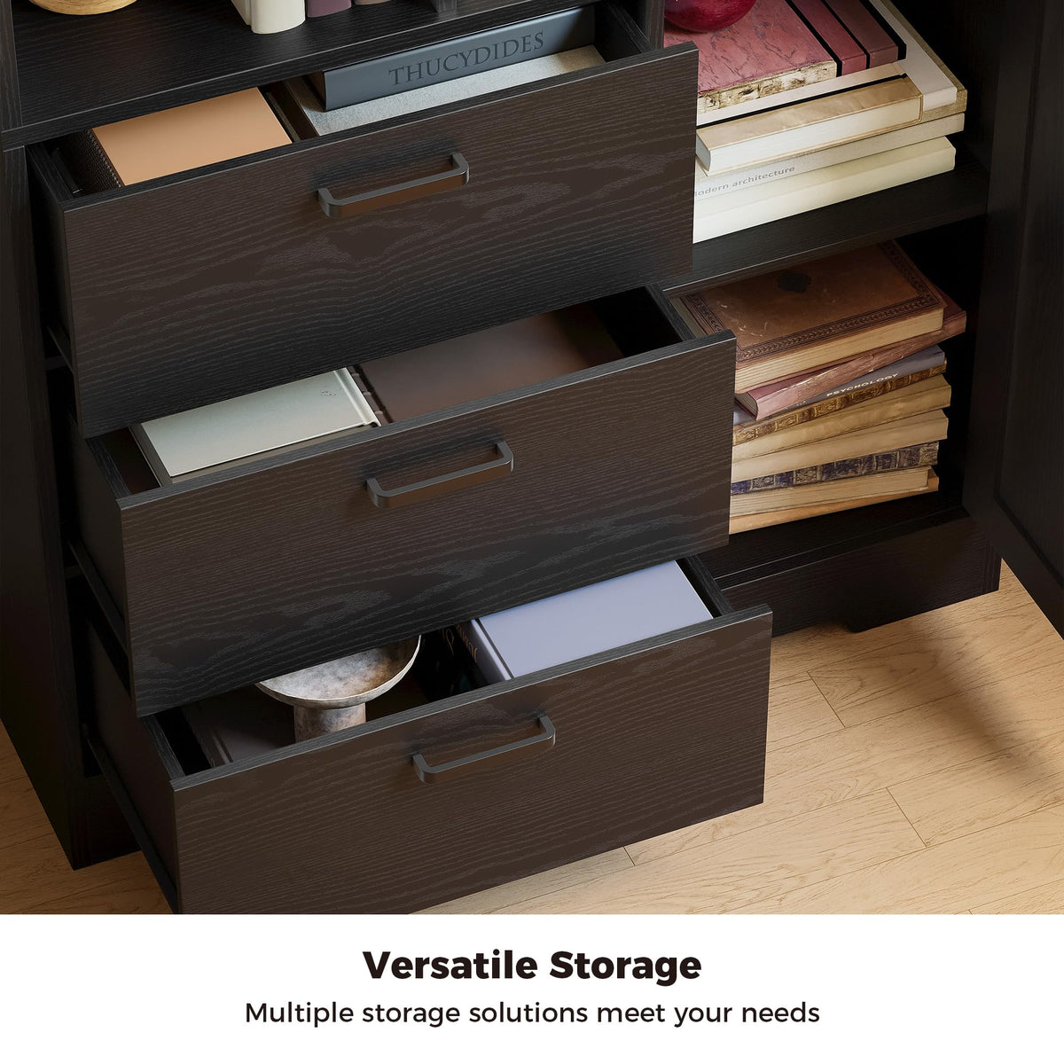 70.9-Inch Black Bookcase with Doors and 3 Drawers N7823