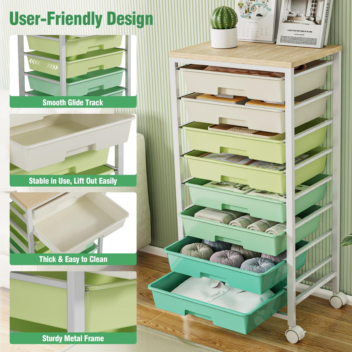 Rolling Storage Cart with 8 Drawers & Wooden Tabletop, Green, White M83885