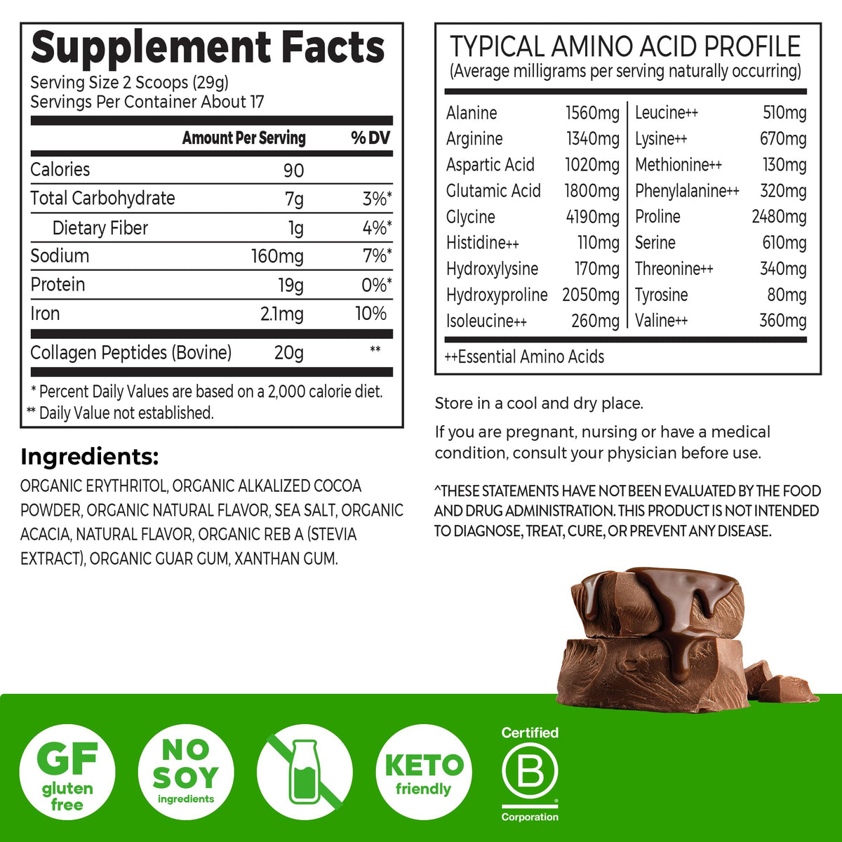 Hydrolyzed Collagen Peptides Powder, Chocolate, 1lb U92480