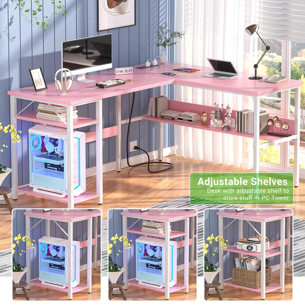 Pink L Shaped Desk with Power Outlets and USB Charging Ports Z535