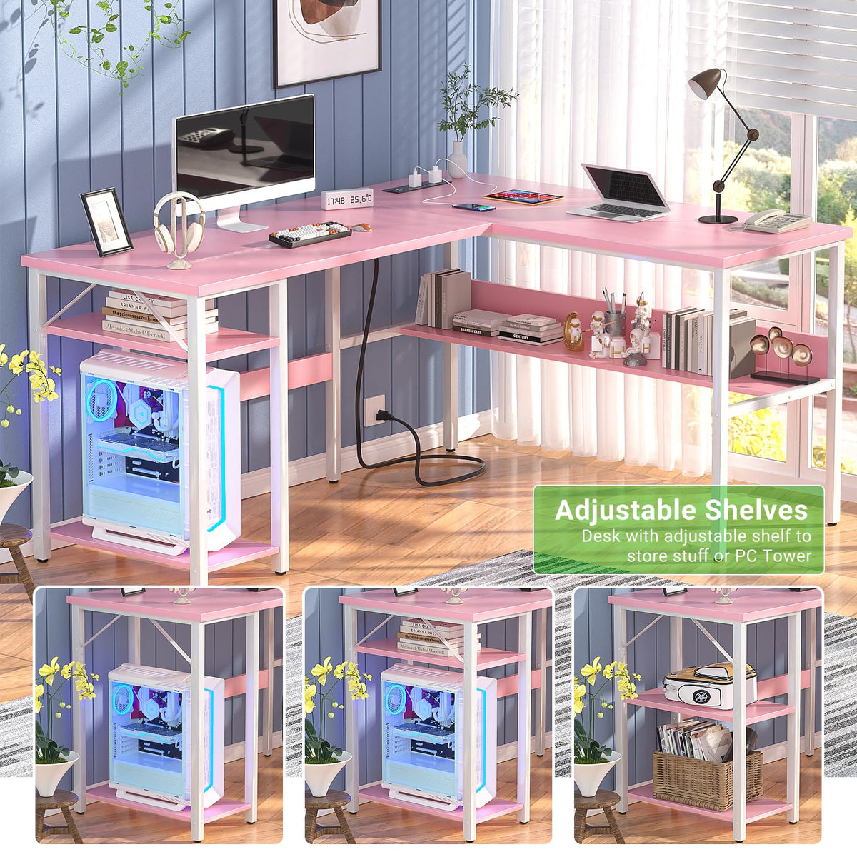 Pink L Shaped Desk with Power Outlets and USB Charging Ports Z535