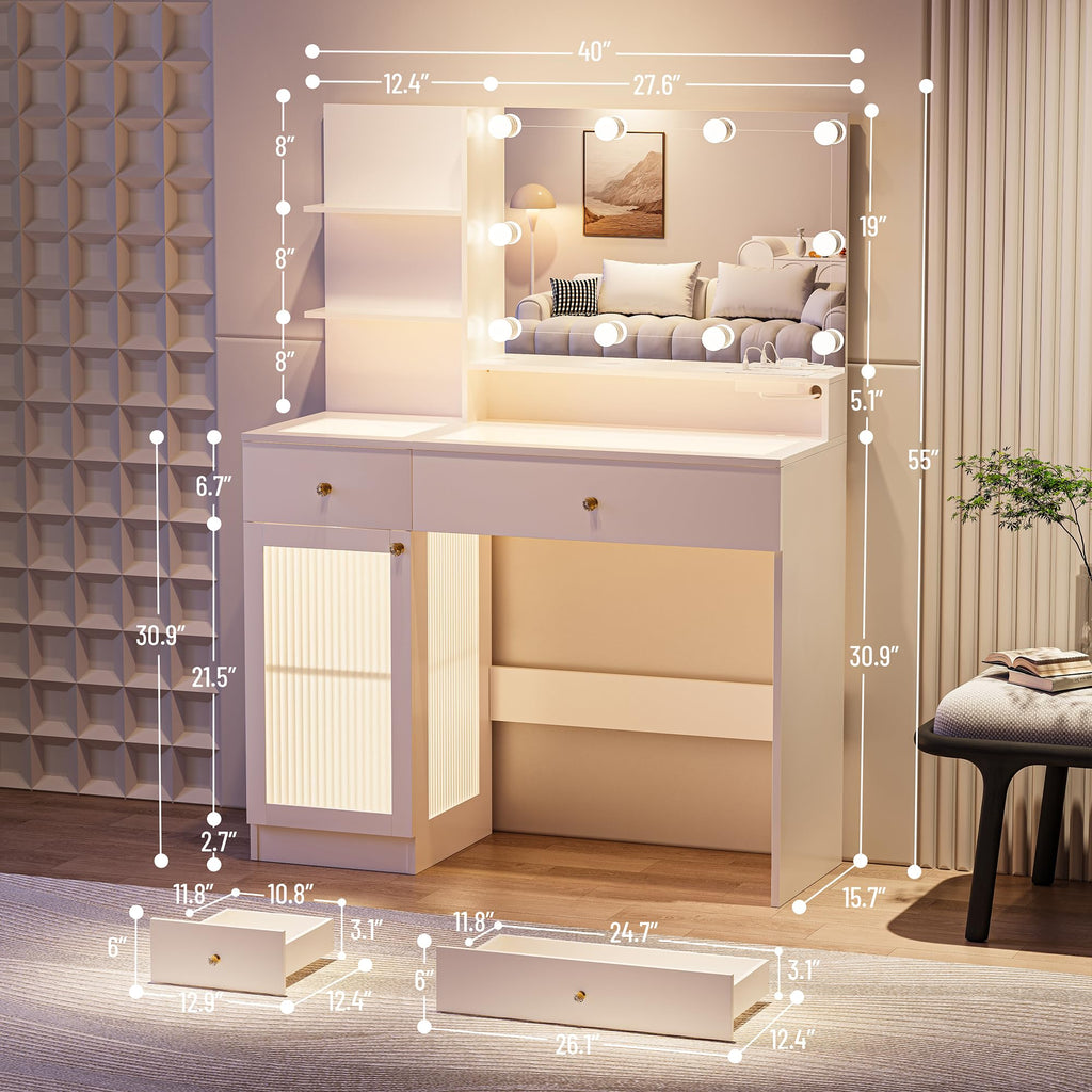 40" White Vanity Desk with Mirror and Lights V6411