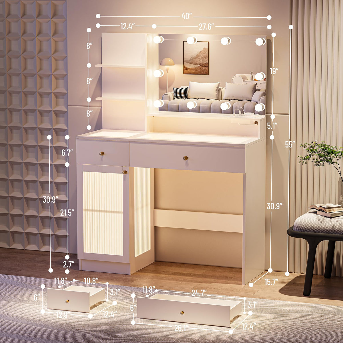 40" White Vanity Desk with Mirror and Lights V6411