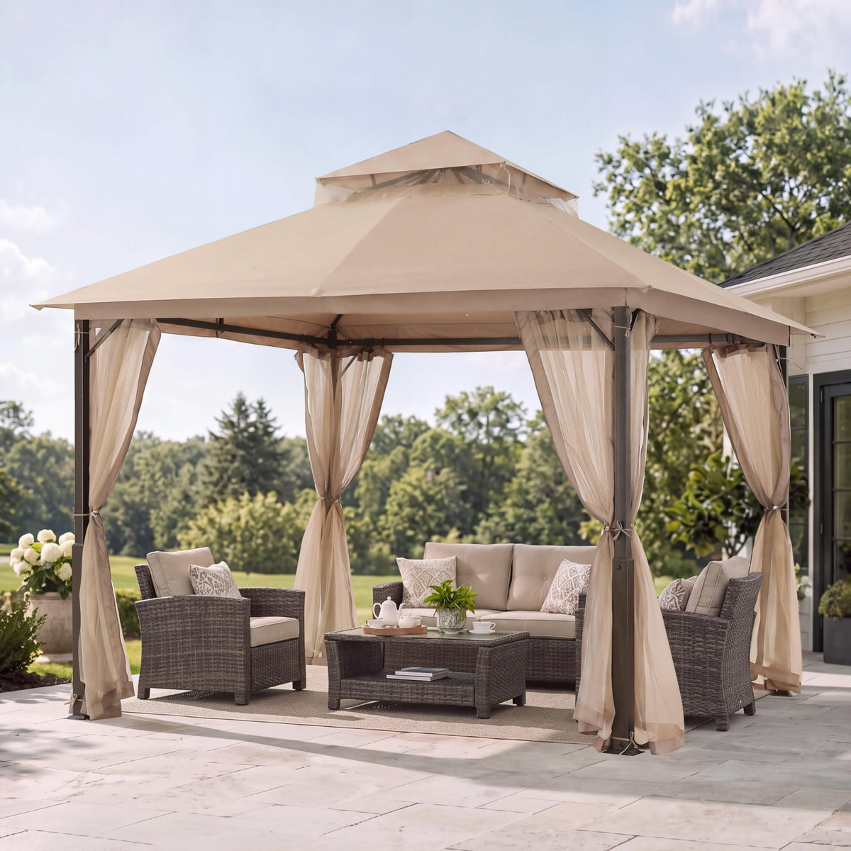 Khaki 9x9 Outdoor Patio Gazebo with Mosquito Netting X864