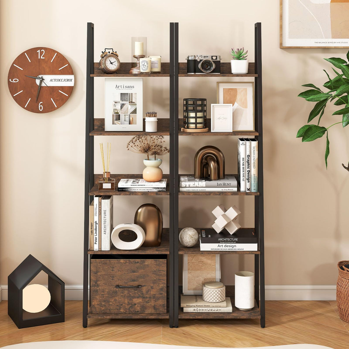 5-Tier Ladder Bookshelf with Fabric Drawer V369647
