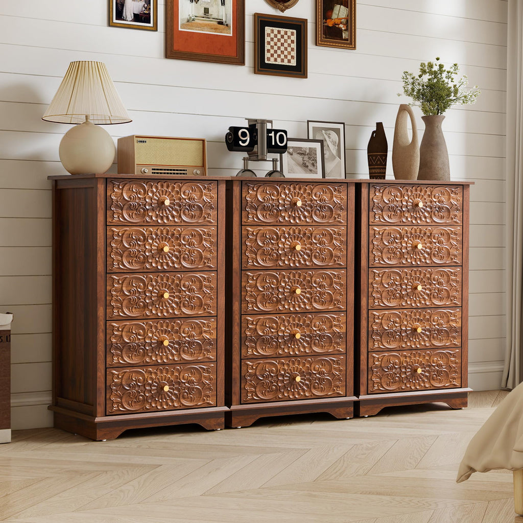 5 Drawer Narrow Wooden Dresser with Gold Handles H369719