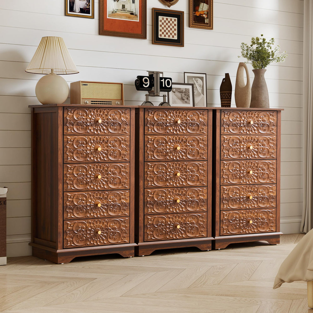 5 Drawer Narrow Wooden Dresser with Gold Handles H369719