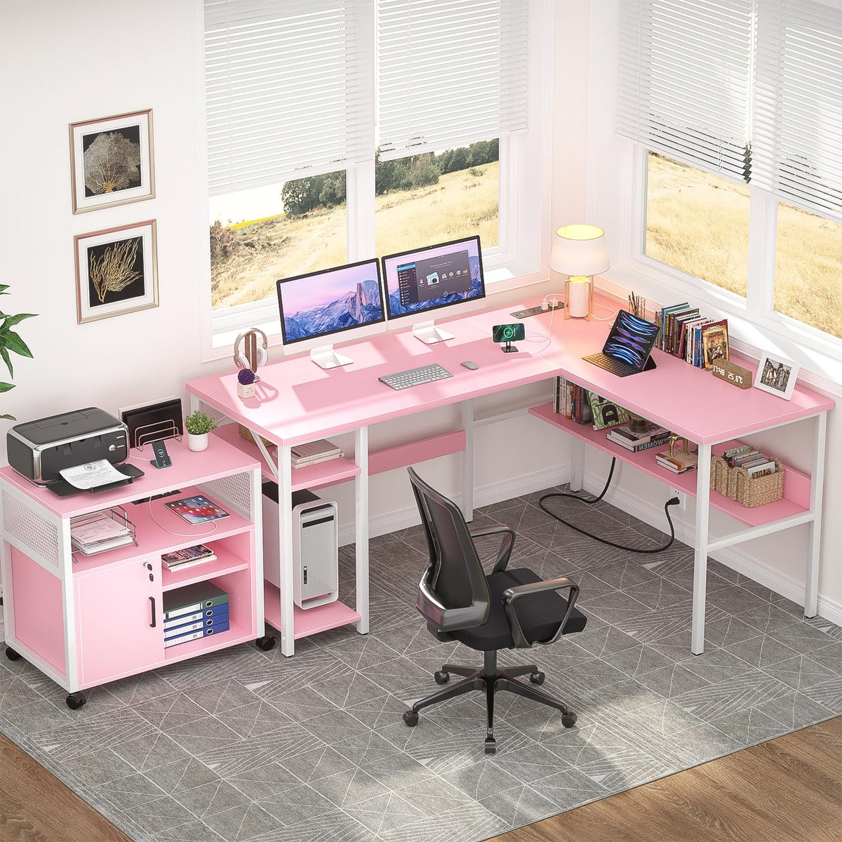 Pink L Shaped Desk with Power Outlets and USB Charging Ports Z535