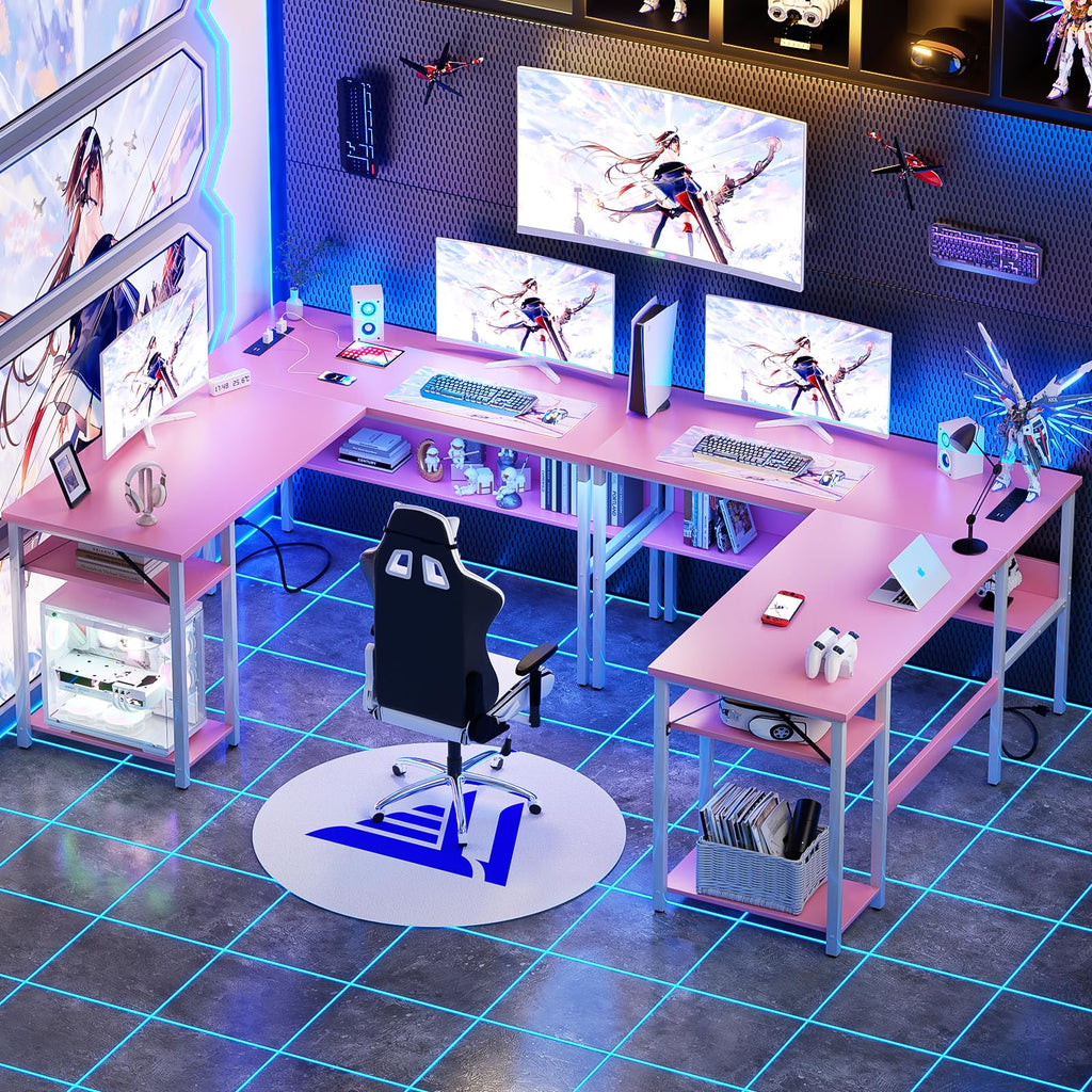 Pink L Shaped Desk with Power Outlets and USB Charging Ports Z535