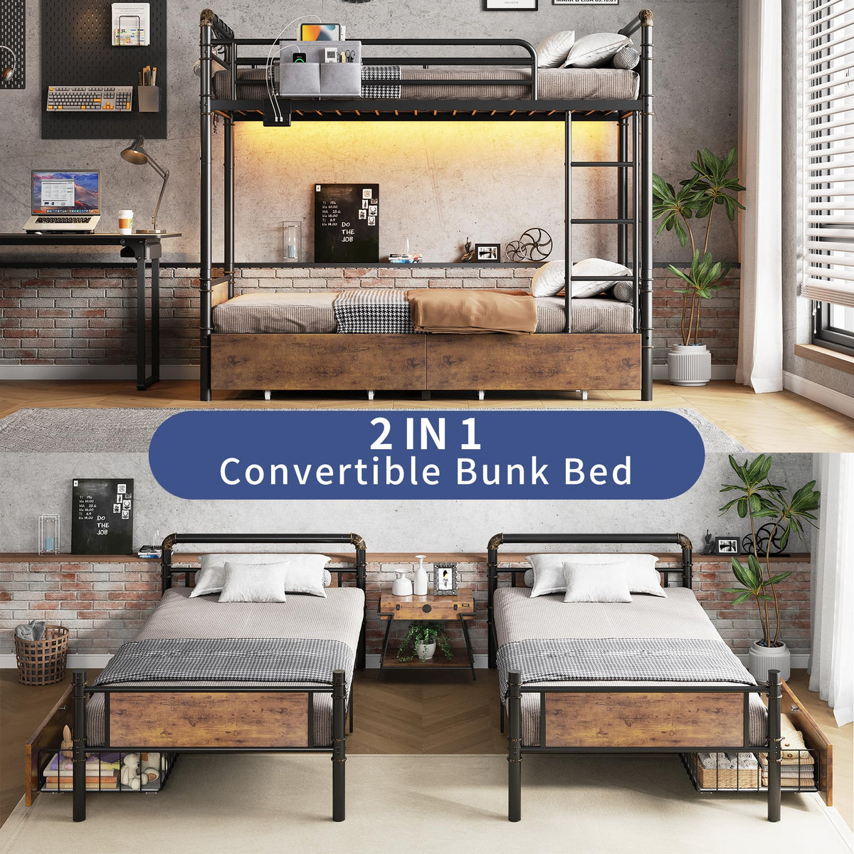 Metal LED Bunk Bed Twin Over Twin with 2 Storage Drawers V9379