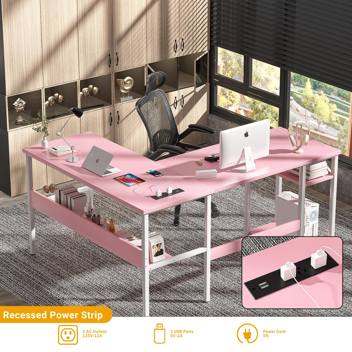 Pink L Shaped Desk with Power Outlets and USB Charging Ports Z535
