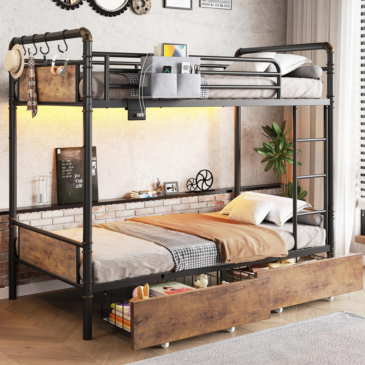 Metal LED Bunk Bed Twin Over Twin with 2 Storage Drawers V9379